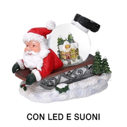 [V6159790000] Palla di vetro led resina babbo natale slitta con musica cm19,5x12,5h18