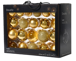 [20102361] Box Da 42 Palline Di Natale In Vetro Lucide Opache Con Glitter E Trasparenti Miscelate Colore Oro Chiaro Ø 7Cm