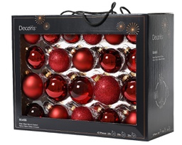 [20102364] Box Da 42 Palline  Di Natale In Vetro Lucide Opache Con Glitter E Trasparenti Miscelate Colore Rosso Scuro Ø 7Cm