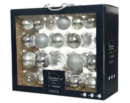 [20102362] Box Da 42 Palline Di Natale Palloncini Di Vetro Lucidi Opachi Glitterati Trasparenti Misti Colore Argento Ø 7Cm
