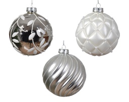 [20102259] Pallina di Natale Palloncino di vetro lucido-opaco con linee a scacchi e foglia 3ass colore bianco/argento ø 10cm