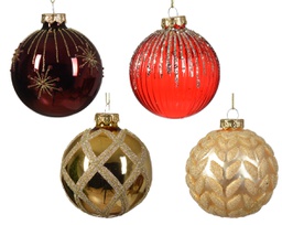 [20102253] Pallina di Natale Vetro decorativo con effetto lucido-opaco-trasparente con motivi a fuoco d'artificio costine foglie e scacchi miscela colore rosso/oro ø 8cm