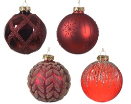 [20102251] Pallina di Natale Vetro di palla lucido-opaco-trasparente fuoco-dorso-foglia-controllo 4ass colore Natale rosso/colore  ø 8cm