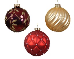 [20102260] Pallina di Natale Vetro pallina lucido-opaco con linee a scacchi e foglia mista colore rosso/oro ø 10cm