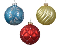 [20102263] Pallina di Natale Vetro per decorazioni natalizie lucido-opaco con motivo a linee a foglia miste colore zucchero blu/colore  ø 10cm