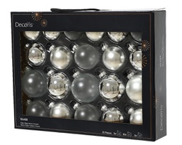 [20102358] Box Da 21 Palline Di Natale Vetro Sfera Lucido Opaco Trasparente Misto Colore Argento Ø 7Cm