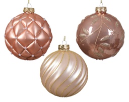[20102261] Pallina di Natale Vetro smaltato opaco con motivo a linee a scacchi e foglie miste colore perla/colore  ø 10cm