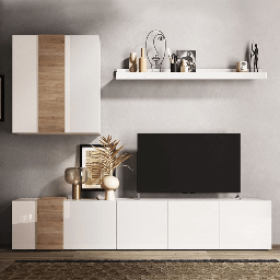 [FZ98859] Parete attrezzata Sabry 301 cm bianco lucido rovere Kadiz