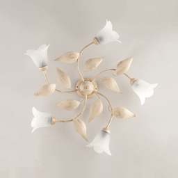[BL155-PL5-AV] Plafoniera in ferro Avorio Oro cinque luci vetri Alabastro Bianchi 70x h20 cm