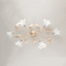 [BL155-PL6-AV] Plafoniera in ferro Avorio Oro sei luci vetri Alabastro Bianchi 95x52x h20 cm