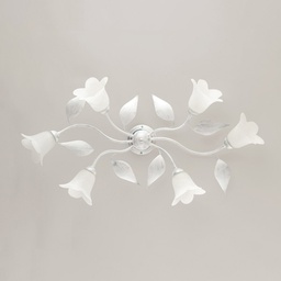 [BL155-PL6-BA] Plafoniera in ferro Bianco Argento sei luci vetri Alabastro Bianchi 95x52x h20 cm