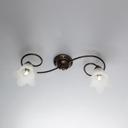 [BL230-PL2-BR] Plafoniera in ferro Marrone Oro due luci paralumi in vetro Bianco 56x26x h17 cm