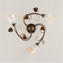 [BL26-PL3-BR] Plafoniera in ferro Marrone Oro foglie tre luci 58x h15 cm