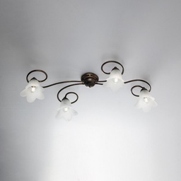 [BL230-PL4-BR] Plafoniera in ferro Marrone Oro quattro luci paralumi in vetro Bianco 87x40x h17 cm