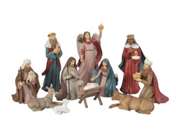 [20102557] Set di natività in poliresina con figure e animali dettagliati in oro cm