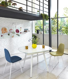 [OM/204/B] Tavolo allungabile con top in vetro temperato bianco 120/180x90h cm
