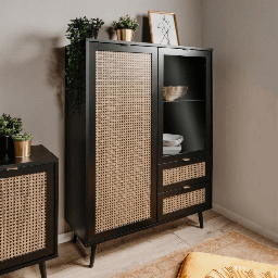 [EFFEZ99099] Vetrina Vienna53A 2 ante e 2 cassetti nera con frontali effetto vimini EFFEZ