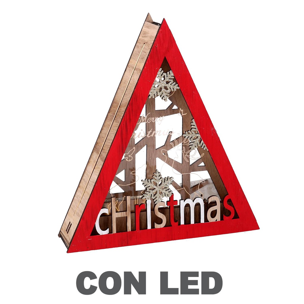Decorazione legno led rosso triangolarecm22x4,5h20