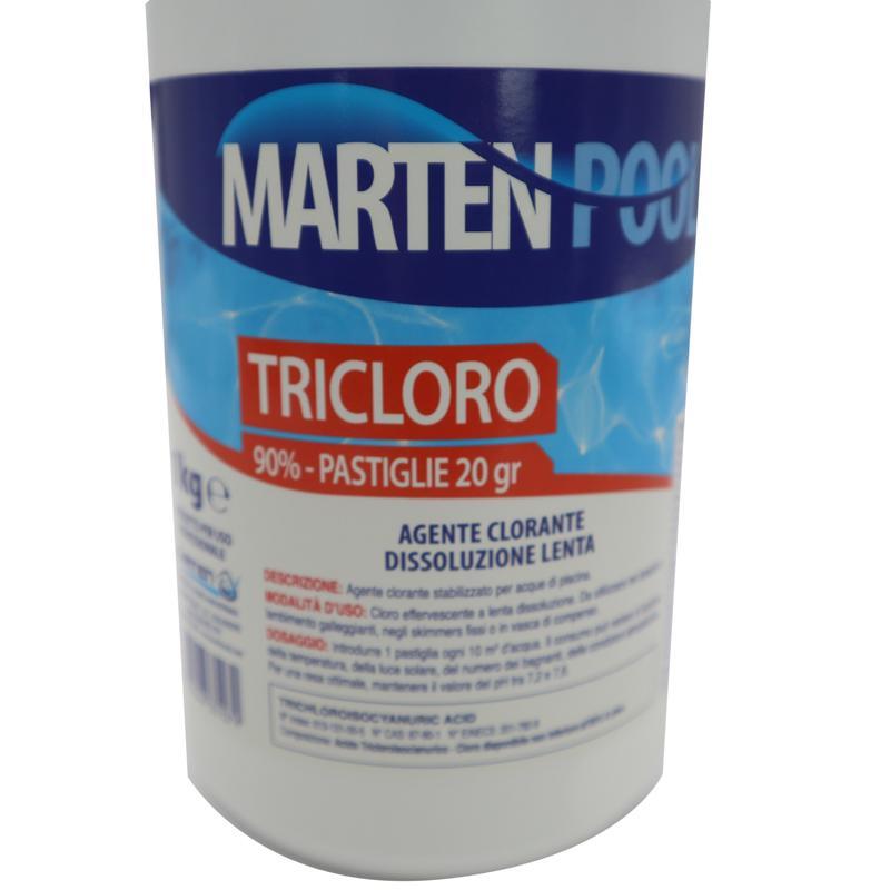 Pastiglie da 20 grammi di tricloro a lento rilascio - confezione da 1 kg - marca Marten