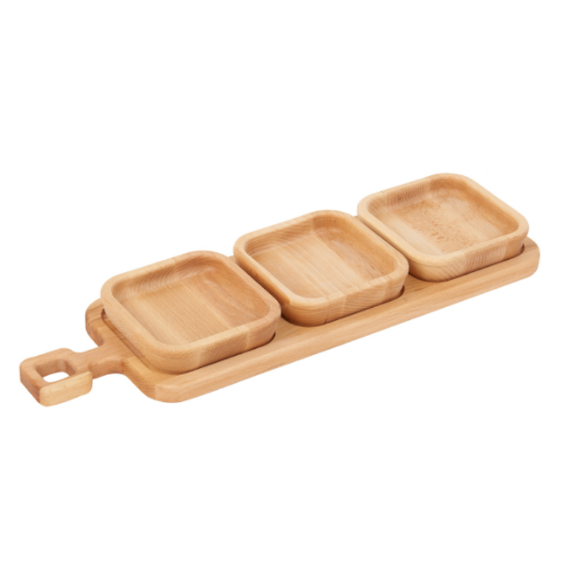Tagliere con manico in legno di faggio con 3 vaschette