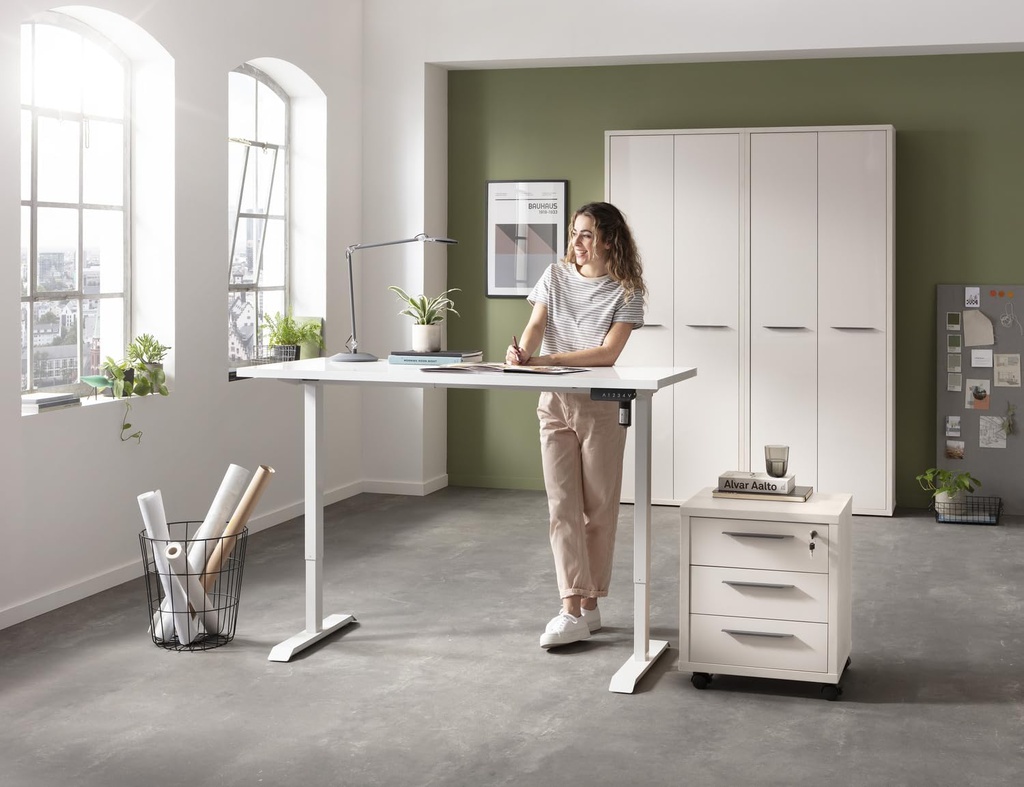 Scrivania Regolabile in Altezza Standing Desk con 4 Altezze Scrivania Elettrica con Motore e Display 150x69 cm Bianco Laccato e Bianco