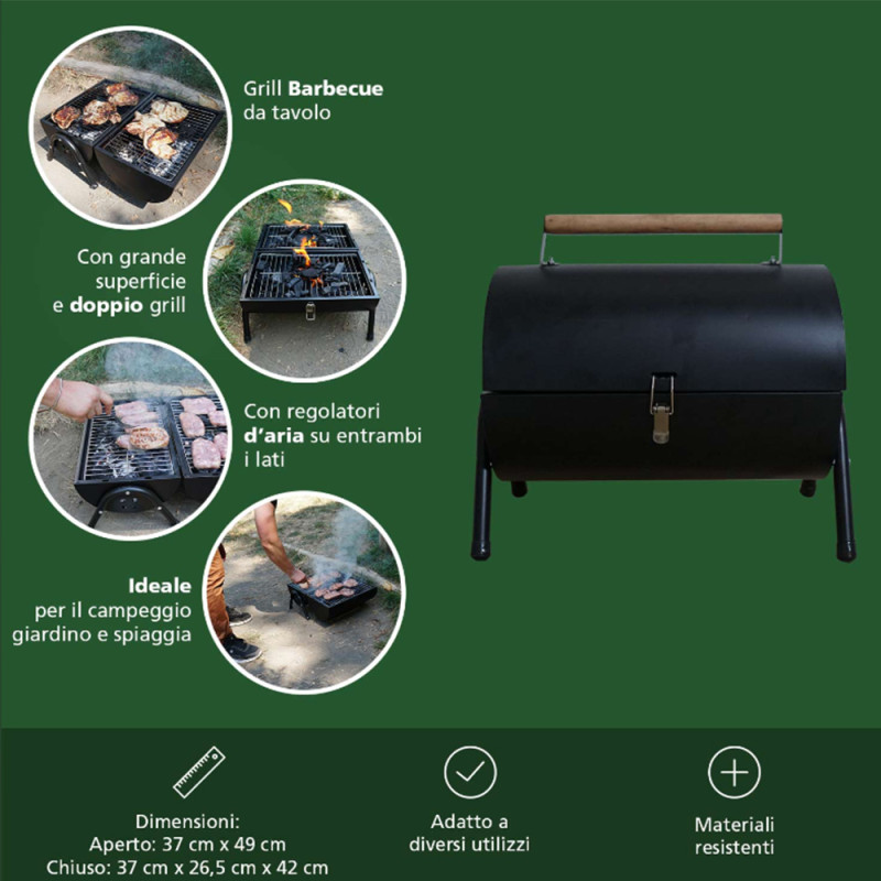 Barbecue portatile doppia griglia grande rettangolare a carbone cuoci arrosticini fornacella per arrosti spiedini carne pesce - Dimensioni: L36xP23 cm (Aree barbecue), L37xP49 cm (Aperto), H42xL37xP26,5 cm (Chiuso)