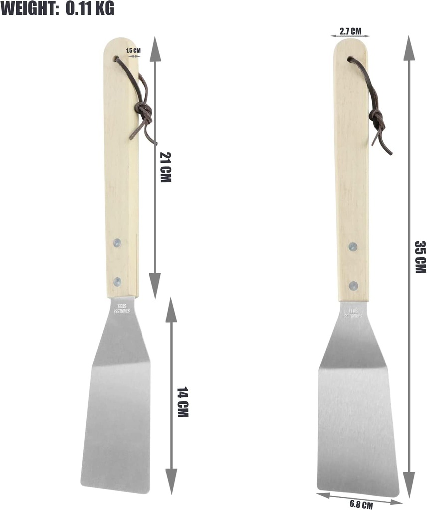 Set di 3 Attrezzi per Barbecue in Acciaio e Legno - Spatola, Pinza e Forchettone - Dimensioni 35 x 6.8 x 1.5 cm, 35 x 9.5 x 2.5 cm, 35 x 2.2 x 1.5 cm