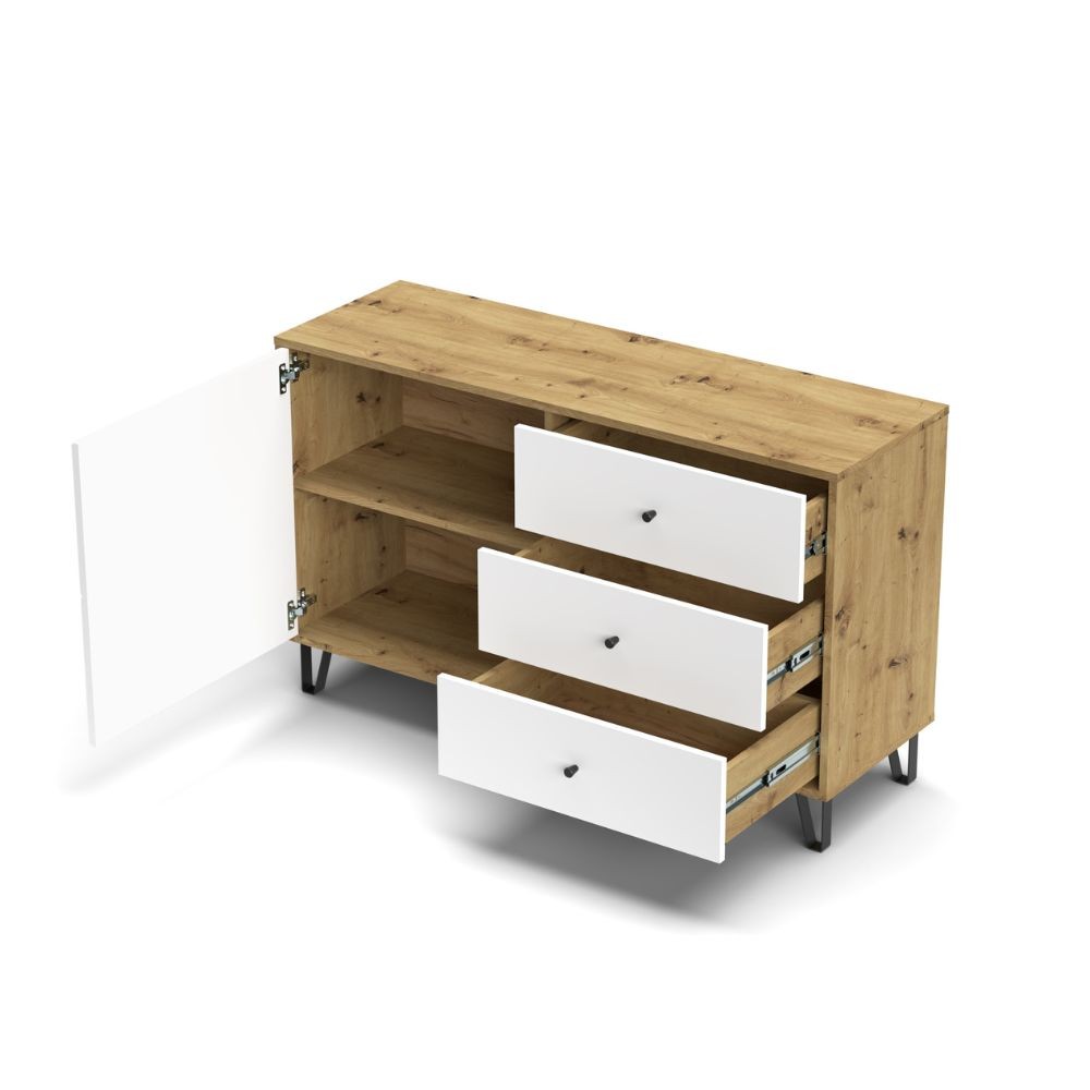 Credenza Bollo 5 con anta e 3 cassetti colore rovere e bianco H75.20xL123.40xP40