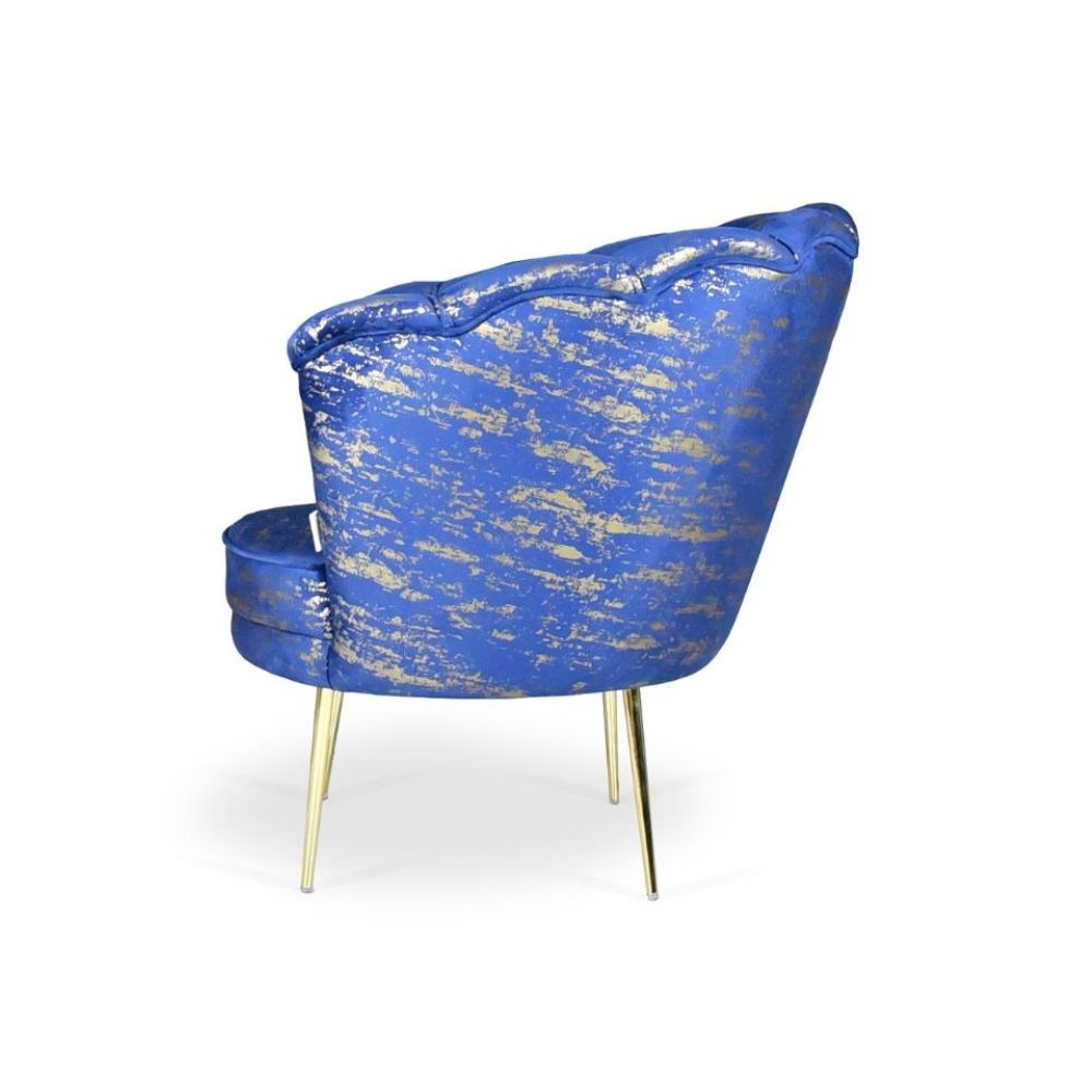 Poltrona Orel in velluto blu con fantasia oro Arya Gold 24 bordo blu e piedini oro H76xL70xP70