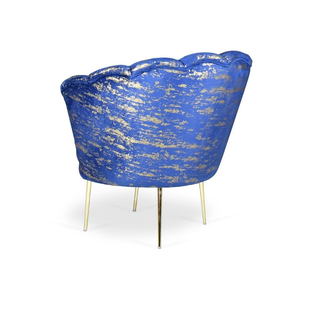 Poltrona Orel in velluto blu con fantasia oro Arya Gold 24 bordo blu e piedini oro H76xL70xP70