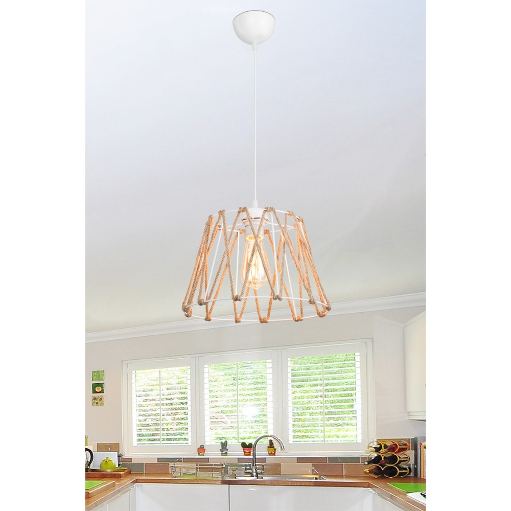 Lampada da soffitto Evren ASZ1029 in metallo bianco e paralume in corda iuta H61xL31