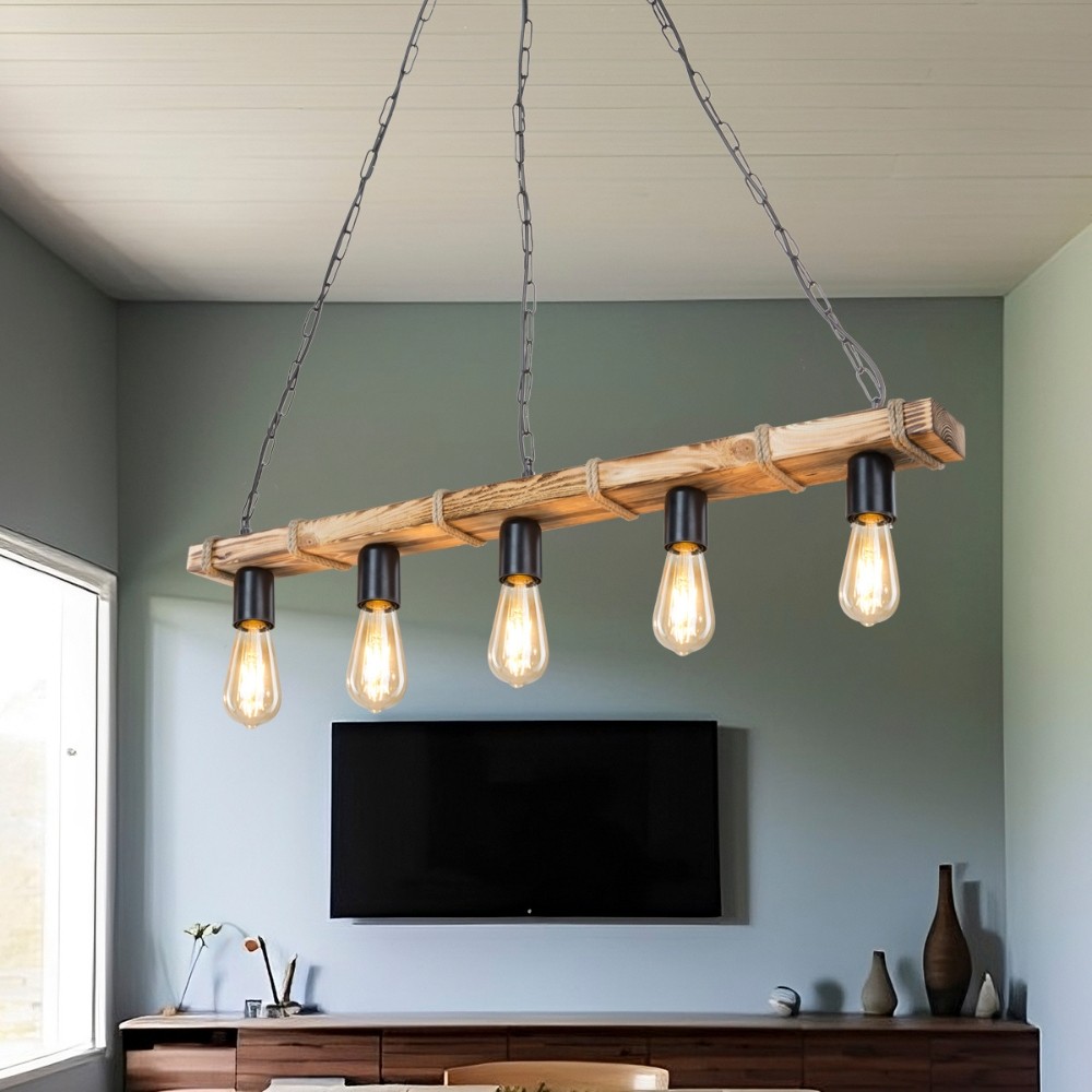 Lampada da soffitto Lagun MDL4854 in legno e corda iuta con 5 portalampada neri H97xL100