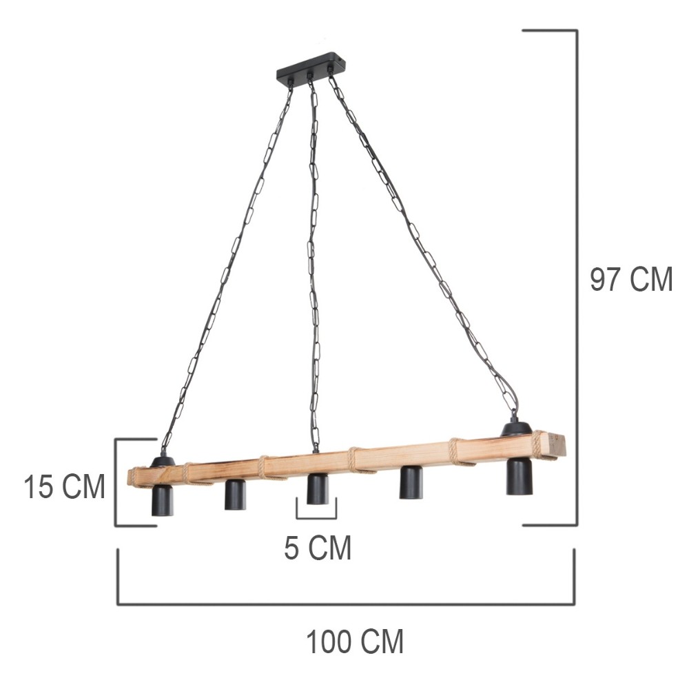Lampada da soffitto Lagun MDL4854 in legno e corda iuta con 5 portalampada neri H97xL100