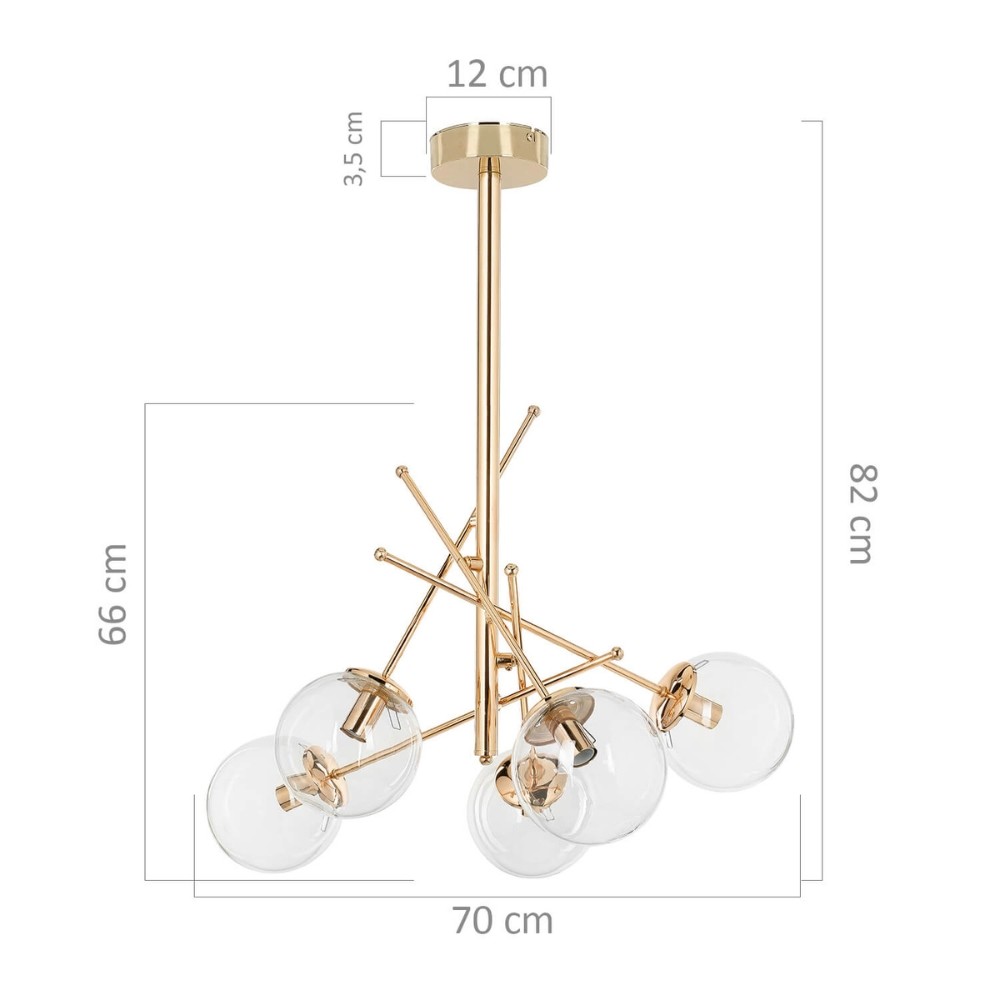 Lampada da soffitto Gondia ASZ1391 in metallo colore oro con 5 paralumi in vetro H82xL70