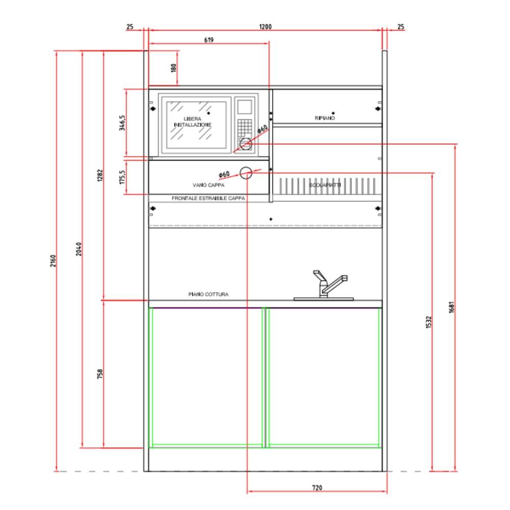 Cucina monoblocco 125x60x216