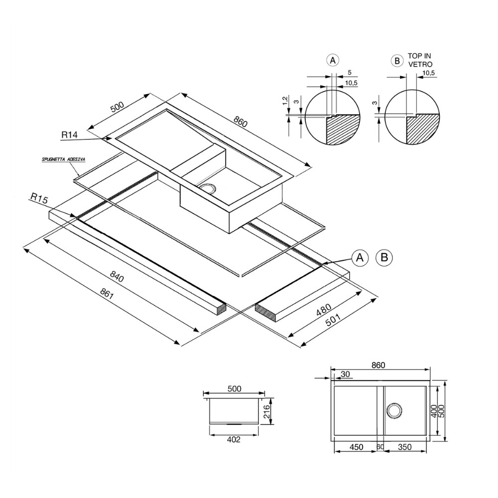 Lavello inox 86x50 cm