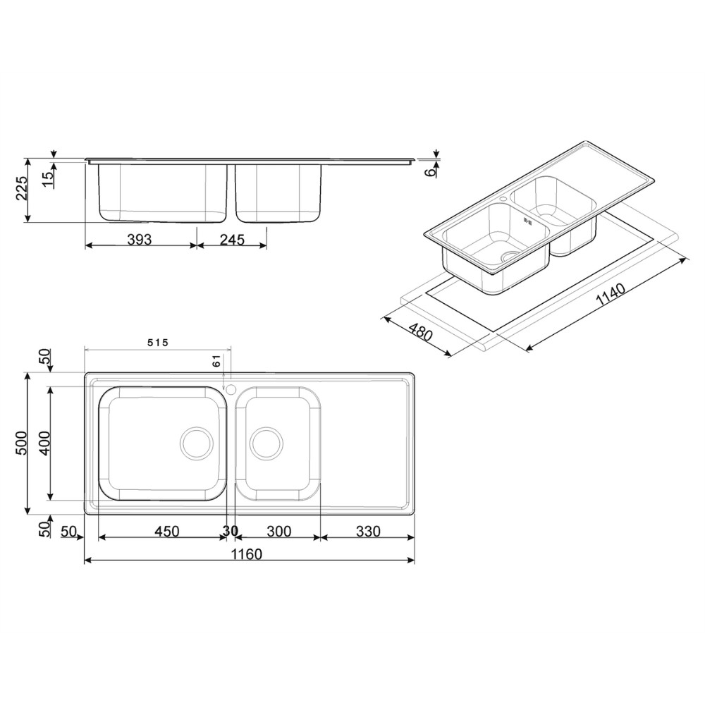 Lavello inox 116x50 cm