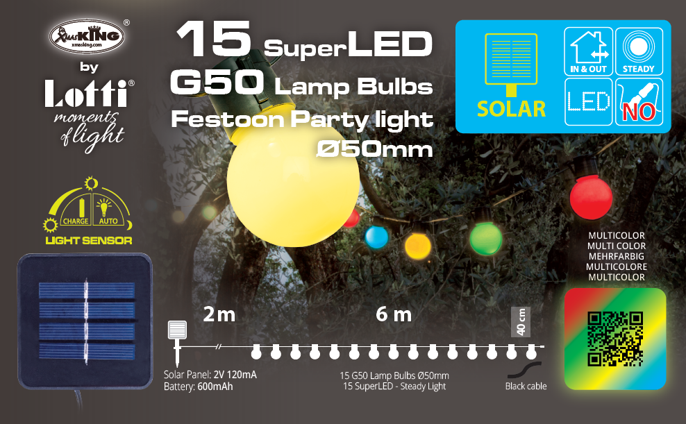 Catena solare 15 lampadine G50 2x6m