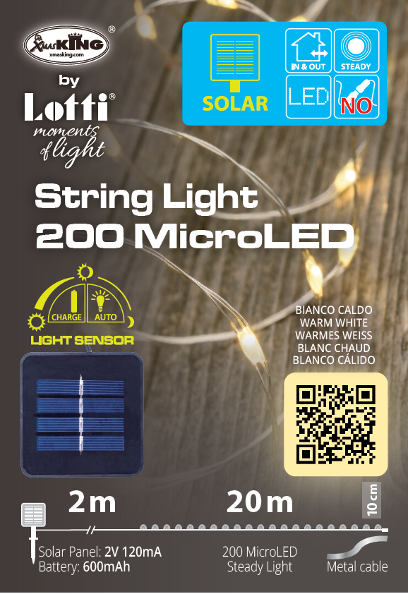 Catena solare 2x20m 200 MicroLED bianco caldo
