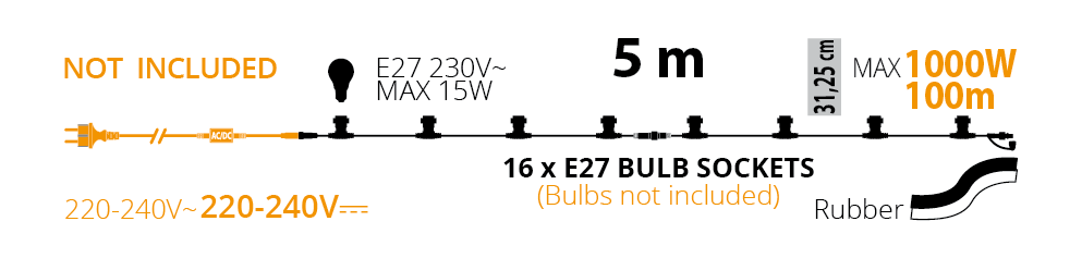 Portalampada E27 5m, 16 punti luce, esterno