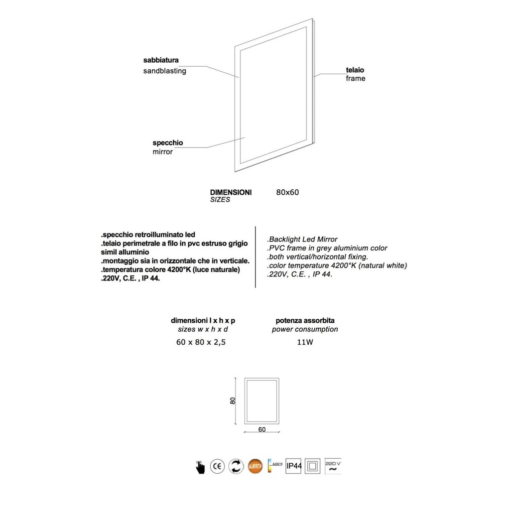 Specchio retroilluminato 80x60 cm reversibile