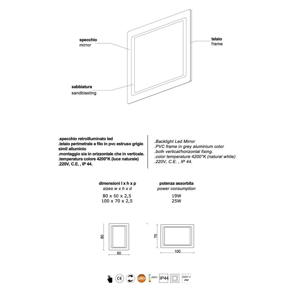 Specchio retroilluminato a led 60x80 cm