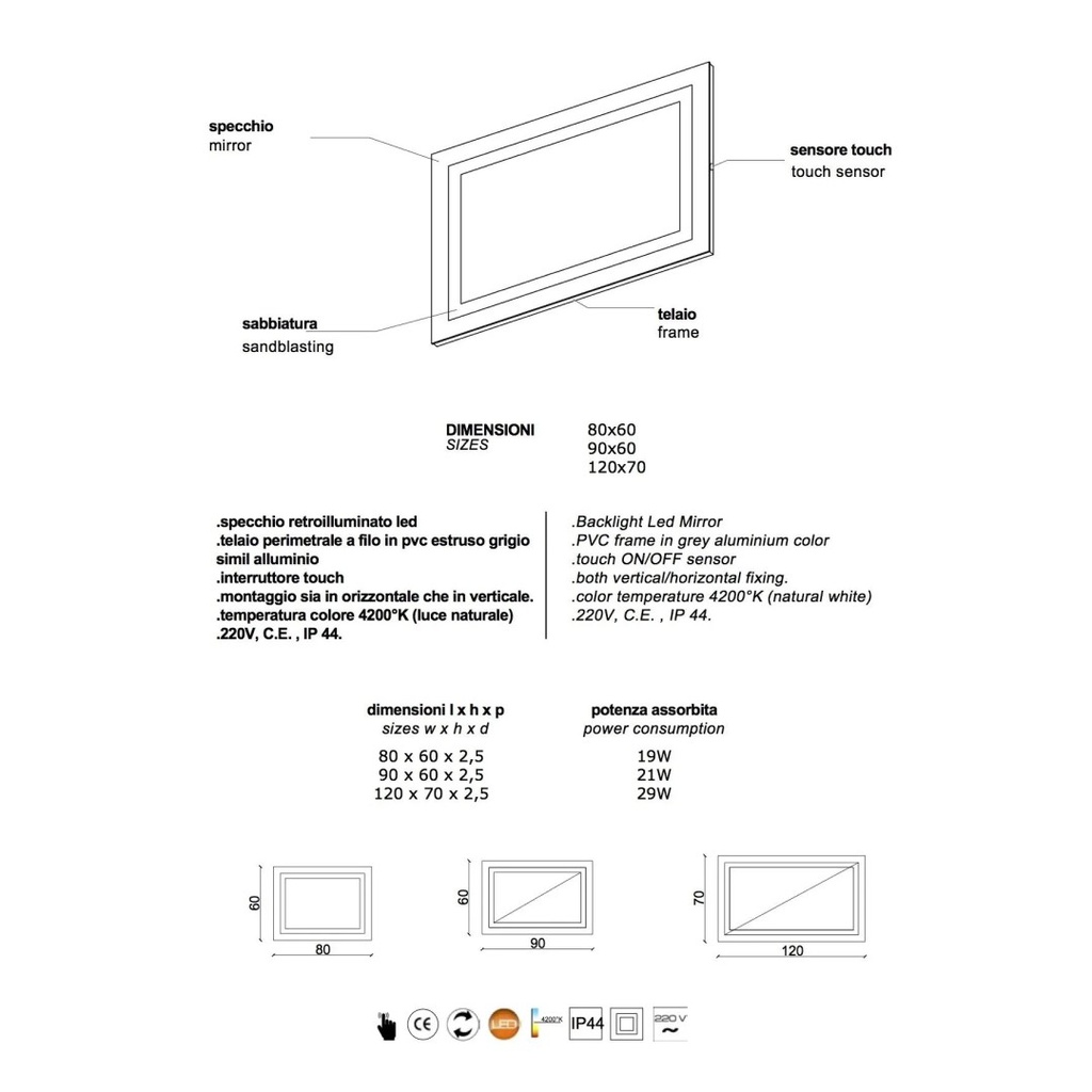Specchio bagno a led 120x70 cm con touch