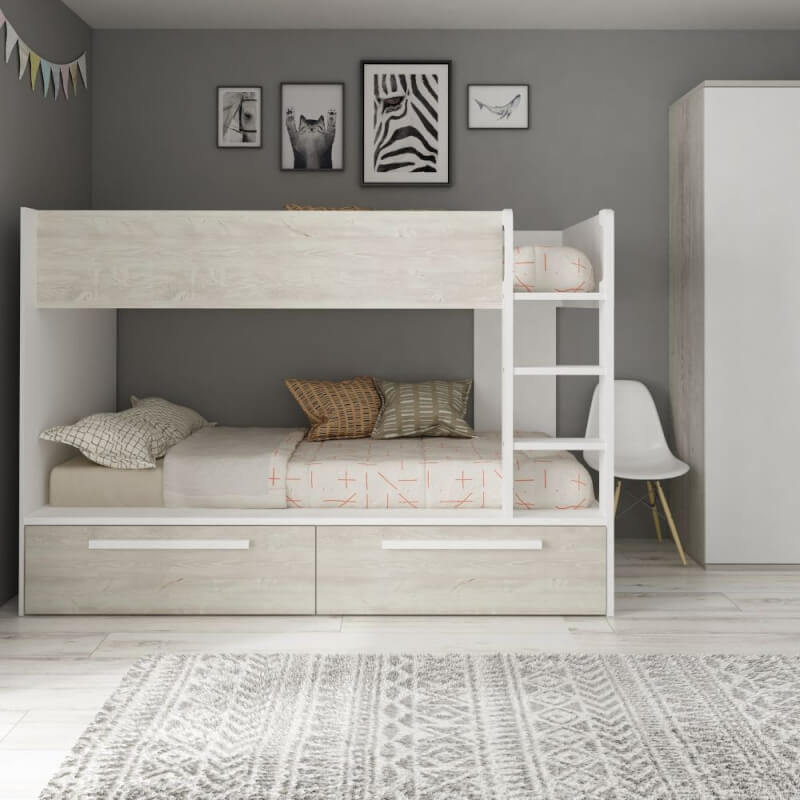 (8c) Cameretta con letto a castello con cassettoni colore bianco consumato e bianco reversibile
