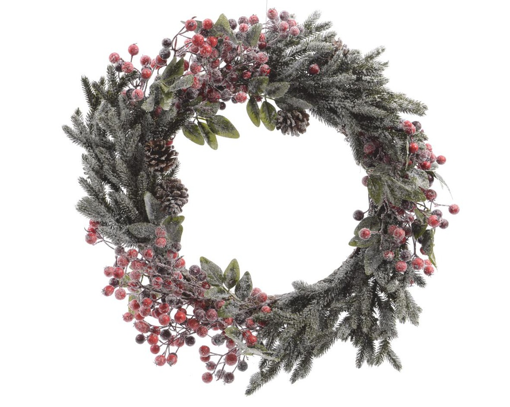 Ghirlanda di bacche rosse con bacche rosse e pigne da interno H 10 x 60 cm