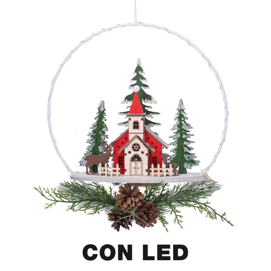 Ghirlanda metallo led con chiesa rosso cm25x7x47,5