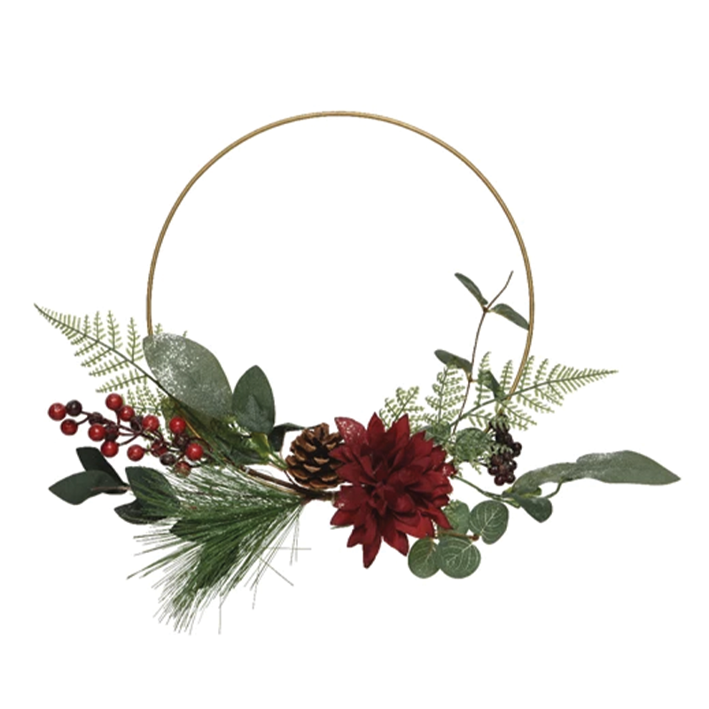 Ghirlanda ring rosso con fiori e pigne Ø30 cm