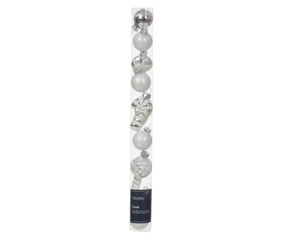 Box Da 9 Palline Di Natale Figura Di Vetro Lucido-Opaco-Miscela Colore Bianco/Argento L 2.8Cm X P 2.7Cm X H 6Cm