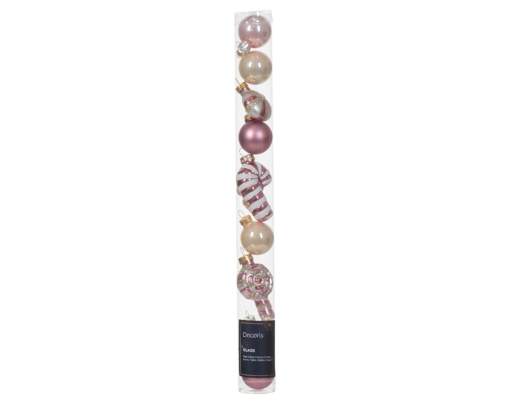 Box Da 9 Palline Di Natale Figura Di Vetro Lucido-Opaco-Miscela Colore Rosa/Colore  L 2.8Cm X P 2.7Cm X H 6Cm