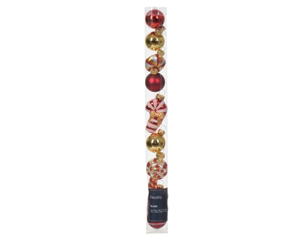 Box Da 9 Palline Di Natale Figura Di Vetro Lucido-Opaco-Miscela Colore Rosso/Oro L 2.8Cm X P 2.7Cm X H 6Cm